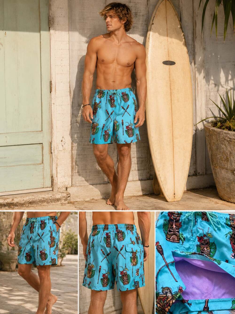 Psycho Tuna Tiki Print Swim Trunks XL Blue Y2K Surf Hawaiian Beach Shorts